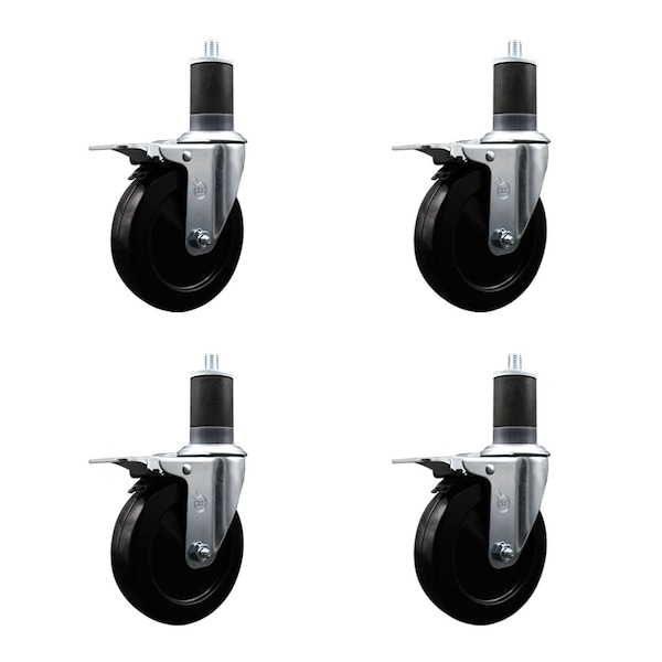5'' SS Soft Rubber Swivel 1-5/8'' Expanding Stem Caster Set Total Lock Brake, 4PK